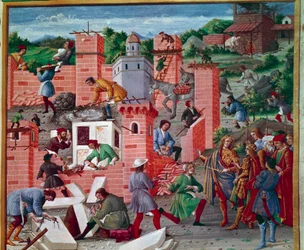 Byggingen av byen Roma. Tvillingene Romulus og Remus besøker byggeplassen (inspeksjon av arbeidet og fremdriften). Arbeiderne er i aktivitet: murere, steinhuggere, bærere, marmor- og sementarbeidere (tilbereding av sement). Miniatyr i 