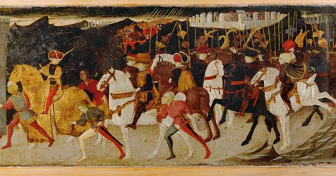 Gruppe kavalerer til hest (tempera på tre)