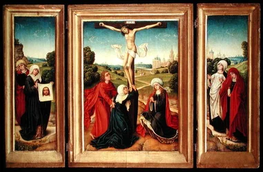 Triptyk med midtpanelet som viser korsfestelsen med jomfruen, St. Johannes og Maria Magdalena; venstre fløy: St. Veronica og en kvinnelig hellig; og høyre ving: The Two Marys (olje på panel)
