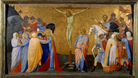 Korsfestelsen Detrempe av Mesteren av Madonna De San Pietro d'Ovile (1300-tallet) Sun. 4,36 x 7,74 m