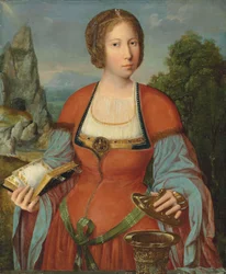 Magdalena holder en timebok i et landskap