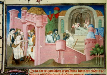 Pilegrimer besøker Den hellige gravs kirke og Kristi grav i Jerusalem Miniatyr i "" Liber de quibusdam ultramarinis partibus et praecipue de Terra sancta "" av William av Bol
