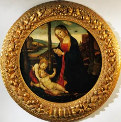 Madonna med barnet og den lille døperen Johannes, maleri tilskrevet Mesteren av Miller Tondo (slutten av 1400-tallet).