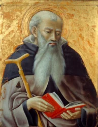 Saint Anthony, Abbe-representasjon av Saint Anthony the Great (250/251-356) (eller Saint Anthony the Eremitt). Maleri på tre av Master of Observance (aktiv rundt 1425-1450) Søn. 0,73x0,59 m