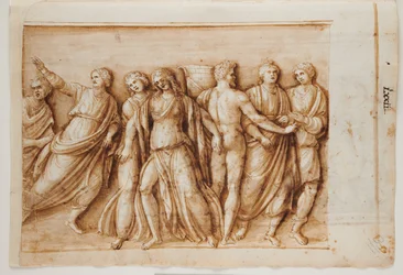 Folio 61, recto: The Return of Meleager from a Roman Sarcophagus, Roma, Palazzo Barberini, ca. 1512-17 (penn og brunt blekk med brun vask)
