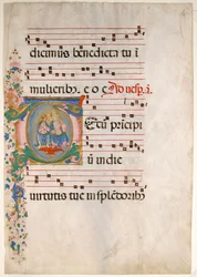 Manuskriptblad med treenigheten i en innledende T, fra en Antiphonary, andre halvdel av 1400-tallet.