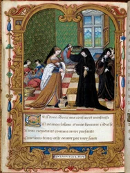 Margarita av Angoulema (1492-1549) Dronningen av Navarre presenterer boken sin til hertuginnen av Etampes og favoritten til Francois I Anne Pisseleu. Side hentet fra manuskriptet "" La coche ou Debat d