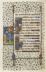 Ms 62 f.132v Bevinget figur i en tretopp med en bok gjennomboret av et sverd, fra 