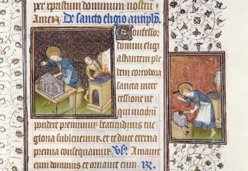 Ms 62 f.215r St. Eligius gjør en helligdom; St. Eligius ved en ambolt, fra en timebok
