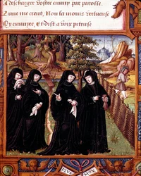 Representasjon av dronningen av Navarra Margarita av Angoulema (1492-1549) som snakker med sine ledsagere. Side hentet fra manuskriptet "" La coche ou Debat d