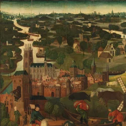 St. Elizabeths dagflommen Utvendig venstre fløy på en altertavle med Saint Elisabeth-flommen, 18.–19. november 1421, med byen Dordrecht i bakgrunnen