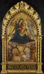 Jomfru og barn med engler og fire hellige, ca. 1400-15 (tempera og bladgull på panel)