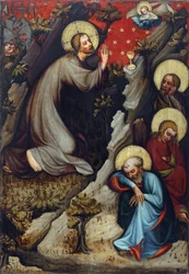Agonie dans le jardin des Oliviers - Kristus på Oljeberget - Mester av Wittingau (Mester for Trebon-altertavlen) (aktiv ca 1380-1390). Tempera på panel, ca 1380. Nasjonalgalleriet, Praha