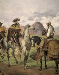 Charros”” (meksikanske ryttere) kledd med fancy klær. Verk av Mateo Saldana (1875-1951), 1900-tallet. Kostumbrisme. Olje på lerret