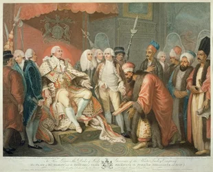 Hans Majestet og statsoffiserer som mottar den tyrkiske ambassadøren og drakten, gravert av Daniel Orme (1767-s.1832), pub. av Edward Orme, 1797 (stippgravering)