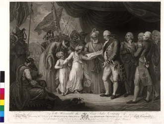 Sultan Tipus sønner overleverer Lord Cornwallis som gissel