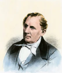 Portrett av James Fenimore Cooper (1789-1851) amerikansk forfatter - Gravering fargelagt 1800-tallet - (Amerikansk forfatter James Fenimore Cooper - Håndkolorert gravering av et portrett fra 1800-tallet)