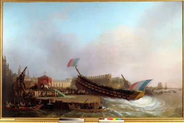 Keiser Napoleon I (1769-1821) og Imperatrix, omringet av kongen og dronningen av Westfalen som deltok på lanseringen av det 80-kanons skipet The Friedland, i Antwerpens arsenal, den 2/05/1810”” Shipyard in det 19. århundre. Maleri av Mathieu Ignace