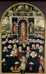 Allegorisk panel som viser Jomfruen, Henri IV (1553-1610) og hoffmenn, givere, hans kone og medlemmer av deres familie