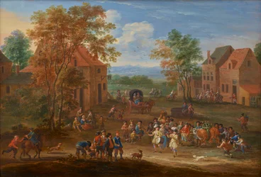 Et landsbylandskap med påskeoksens prosesjon, ca. 1650–90 (olje på panel)