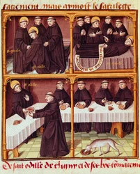 Refectoire de monines Miniatyr fra manuskriptet "" Speculum historiale"" (ms. 1196, fol. 141 v.) av Vincent de Beauvais (1184/94-1264) belyst av Mester Francois (1400-tallet). Chantilly, Conde-museet