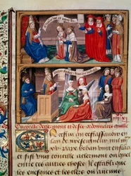 Representasjon av rådet i Clermont i 1095 ledet av pave Urbain II (1042-1099) som forkynte det første korstoget. Miniatyr hentet fra manuskriptet "Speculum historiale"" (Le Mirror historial) av Vincent de Beauvais (1184/94-1264) belyst av