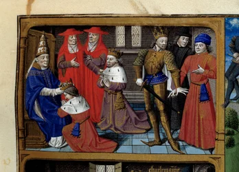 Scener fra Karl den stores liv (742-814), frankernes konge: kroningen ved pave Leo III. Miniatyr hentet fra manuskriptet «Speculum historiale» (Historiens speil) av Vincent av Beauvais (1184/94-1264), illuminert av Mester François (15)