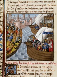 Syvende korstog: Kong Saint Louis (1214-1270) og kryssene som beleiret Damietta i juni 1249 i Nedre Egypt. Miniatyr hentet fra manuskriptet "Speculum historiale"" (Le Mirror historial) av Vincent de Beauvais (1184/94-1264) belyst av Mesteren