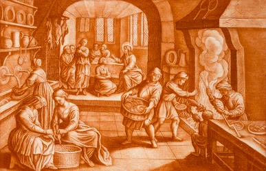Historien om Maria og Martha, illustrasjon fra Bibelen, gravert av J.C. Bodenehr (sepiagravering)
