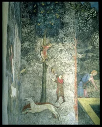 Jakthunder og menn som klatrer i et tre, detalj av det dekorative oppsettet fra La Chambre du Cerf Stag Room 1347 fresco