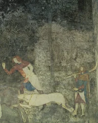Menn på jakt med hunder, detalj av dekorativt oppsett fra La Chambre du Cerf Stag Room 1347 fresco