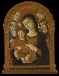 Jomfruen og barnet mellom de hellige Johannes evangelisten, Jakob og to engler, ca. 1480-1490 (tempera og olje på panel)