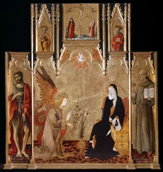 Bebudelse med de hellige døperen Johannes og Bernardino da Siena. Korsfestelsen. De hellige Peter og Paul, mellom 1455 og 1464