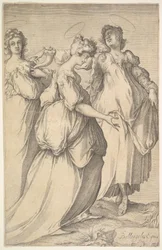 Tre haloed kvinnelige figurer, ca. 1610-50.