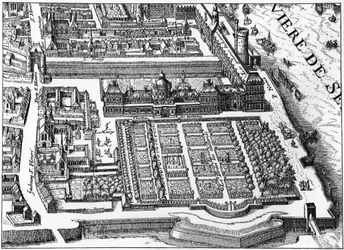 Paris: palasset og hagen til Tuileriene i 1615, faksimile av Mathieu Merians plan.
