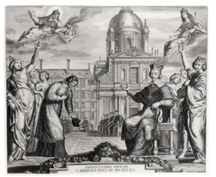 Robert de Sorbon (1201-94) og kardinal Richelieu (1575-1642) foran Sorbonne, gravert av Gregoire Huret (1606-70) 1639