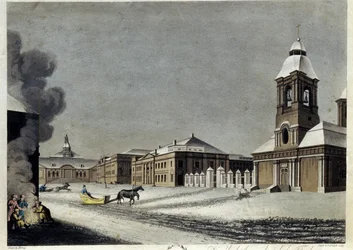 Arsenalet og kanonstøperiet i St. Petersburg. (Arsenalet og kanonstøperiet i Petersburg). Beskrivelse av bygninger midt på vinteren, med sleder som glir på snøen og en gruppe individer som varmer seg rundt et bål. Arbeid