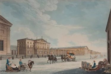 Utsikt over Imperial Bank og butikkene i St. Petersburg, 1815