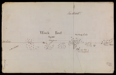 Grovt skissert kart over #39;Wreck Reef#39; 1803 fra en samling tekniske memoranda og korrespondanse fra Admiralitetet