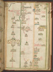 Et reiserutekart som viser ruten mellom London og Napoli, fra Matthew Paris#39; Liber additamentorum