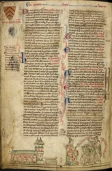 Royal 14C VII, f.138v Westminster Abbey and the Shrine of St. Edward; til høyre, pave Innocent IV ved konsilet i Lyon, illustrasjon fra 