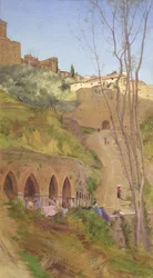 Vaskekvinne ved vaskebrønnen, San Gimignano, Italia