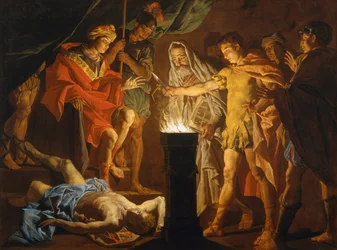 Mucius Scaevola i nærvær av Lars Porsenna, ca. 1640-tallet (olje på lerret)