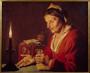 Grådighet - En gammel kvinne ser på gullmyntene sine, som hun nettopp kom ut av gjemmestedet sitt, i lyset av et stearinlys - Maleri av Mathias Stomer (Matthias Stom) (1600-1650) Ec Flam