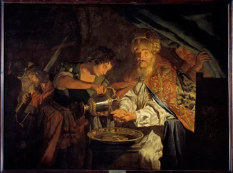 Pontius Pilatus (Pontius Pilatius) vasker hendene sine. Pontius Pilatus (10 f.Kr.-39 e.Kr.), prefekt i Judea, anser det som unødvendig å fordømme Jesus Kristus og vasker hendene for å vise sin uenighet - Maleri av Mathias Stomer (Matthias Stom) (1600-1650)