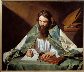 Portrait of Saint Ambrose (340-397), eveque of Milano - Maleri av Mathias Stomer (Matthias Stom) (1600-1650) Ec Flam, ca 1633-1639 - Olje på lerret - Sol: 1,10x1,30m - Rennes, Musee des Beaux Arts - Portrett av St. Ambrose (eller Ambroise, 340-397), biskop