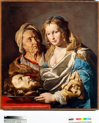 Salome med St John Baptists hode på en sølvplate Maleri av Mathias Stomer (Matthias Stom) (1600-apres 1655) Dim 100x90 cm Genes, Musei di Strada Nuova (ex Palazzo Bianco) Italia