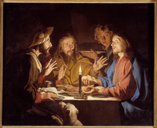 Emmaus Kristi disipler viser seg for pelerinene som sitter ved et bord i et vertshus i Emmaus - Maleri av Mathias Stomer (Matthias Stom) (1600-1650) 1600-tallet Søn 1,3x1,64 m Grenoble, Musee des Beaux Arts
