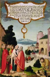 Himmelriket er som et nett, som ble kastet i havet og samlet fisk av alle slag (Matteus 13) illustrasjon av Kristi lære, del av vingepanelet fra Mompelgarter-altertavlen