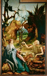 St. Antonius besøker St. Paul eremitten fra Isenheim-alteret (maleri på lindeved)